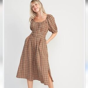Old Navy Brown Plaid Puff-Sleeve Midi Dress